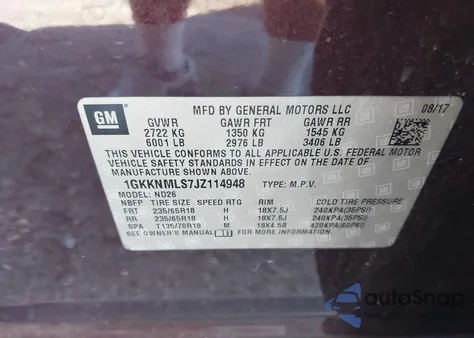 2018 GMC Acadia Slt-1 z USA, uszkodzony, nr VIN 1GKKNMLS7JZ114948